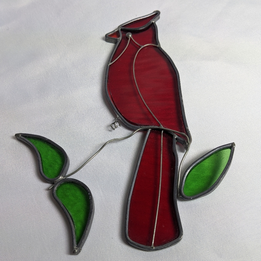 Stained Glass Suncatcher Cardinal On Branch, Hobbiest Piece, Handcrafted